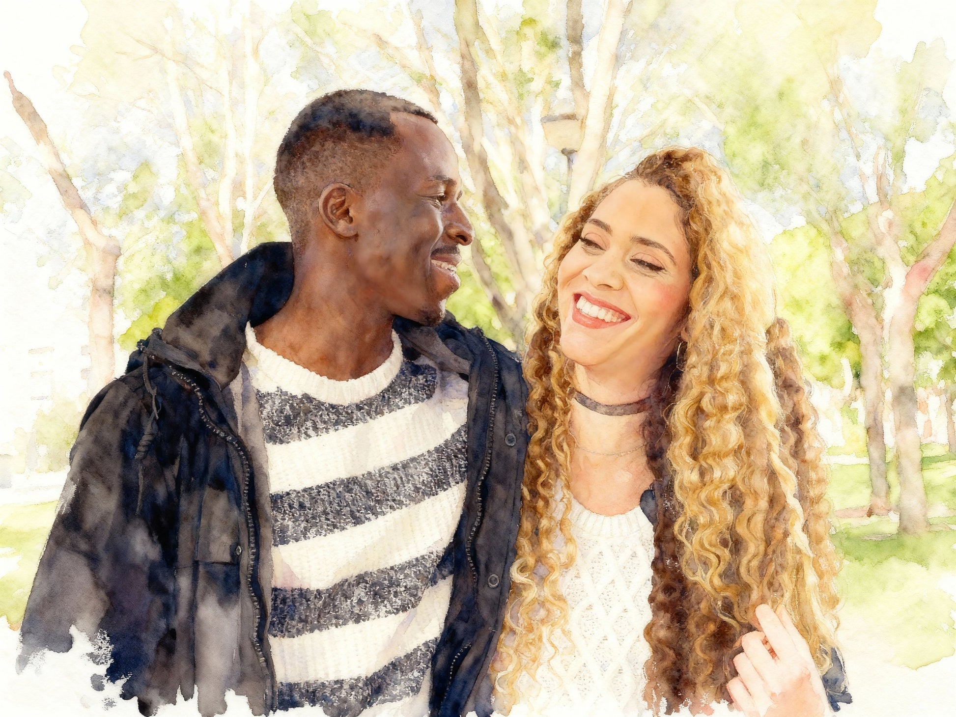 Custom watercolor couple portrait in sunlit park, warm embrace with green foliage background, personalized romantic gift for anniversary or everyday keepsake.