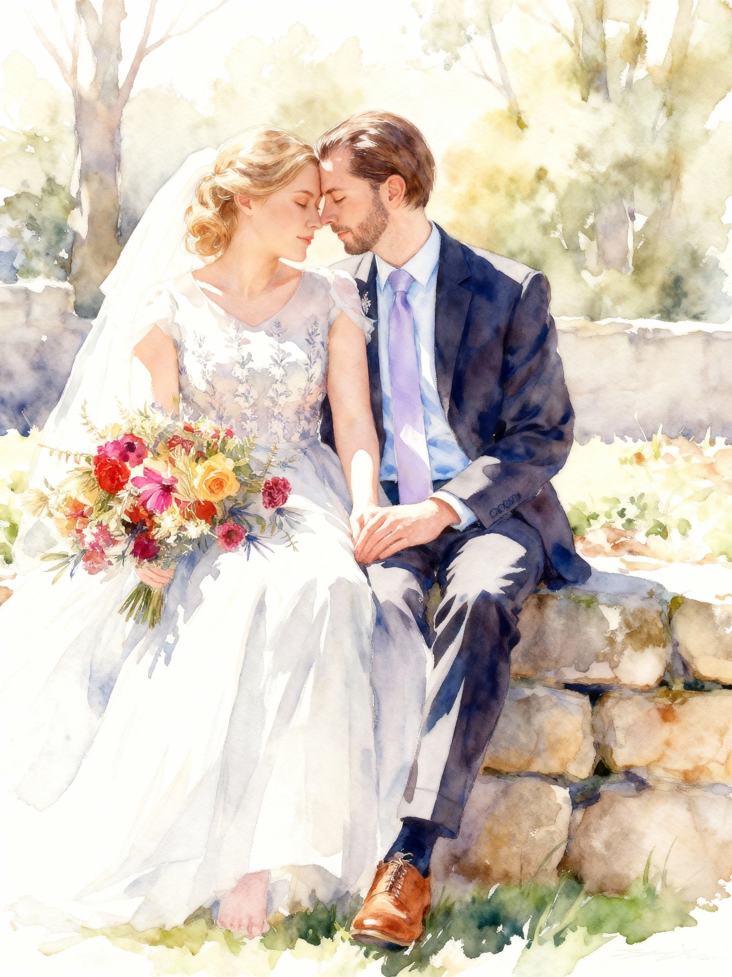 Custom watercolor wedding couple portrait on stone wall, romantic hand-drawn style with floral bouquet, intimate outdoor scene, personalized anniversary or bridal gift.