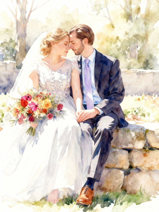 Custom watercolor wedding couple portrait on stone wall, romantic hand-drawn style with floral bouquet, intimate outdoor scene, personalized anniversary or bridal gift.