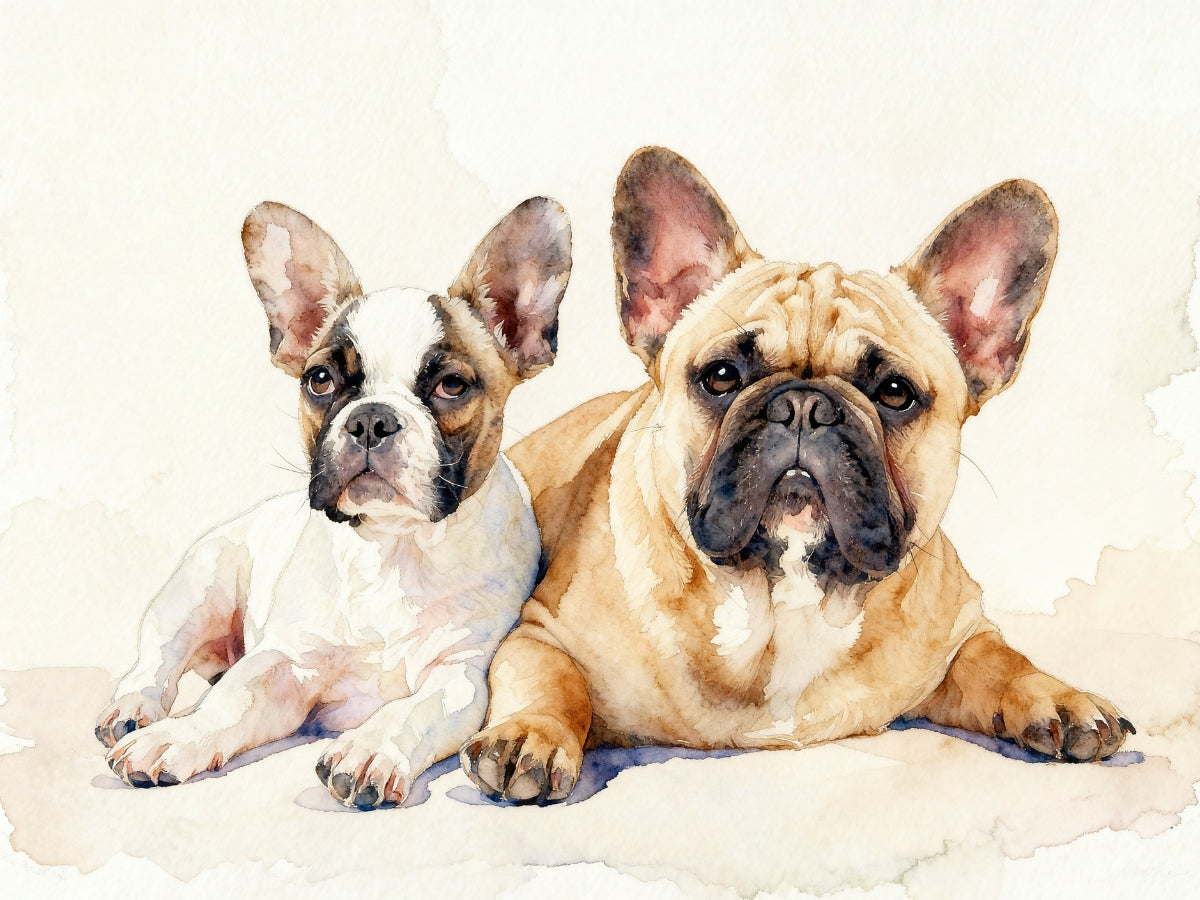 Custom watercolor portrait of two French Bulldogs with minimalist background, personalized pet artwork for dog lovers.