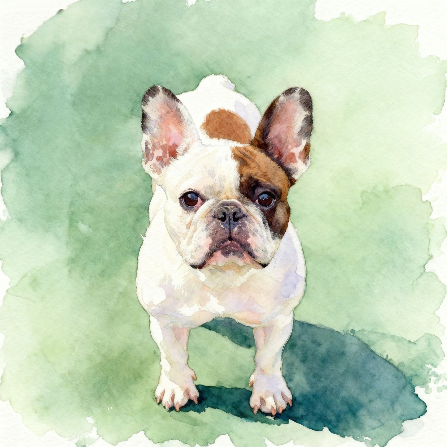 Watercolor painting of a French Bulldog on a green background