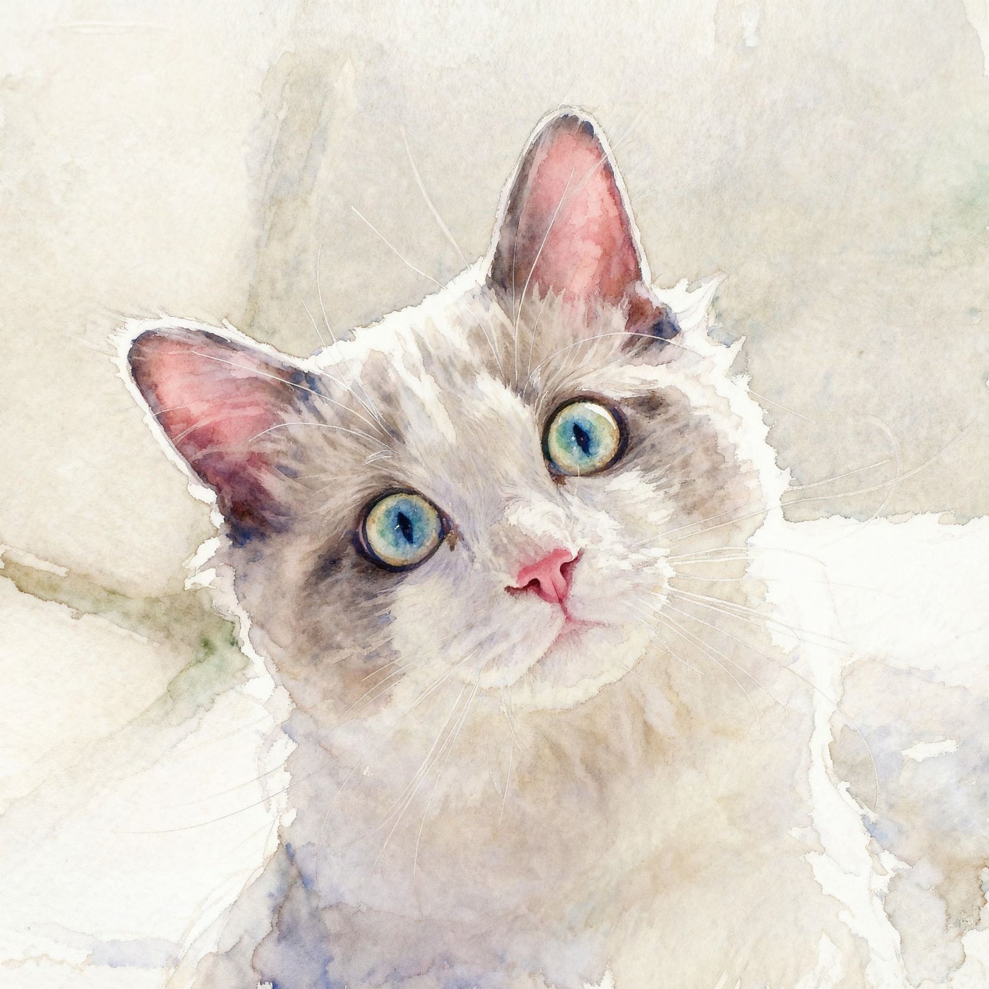 watercolor painting of a cat with blue eyes and pink ears on a light background