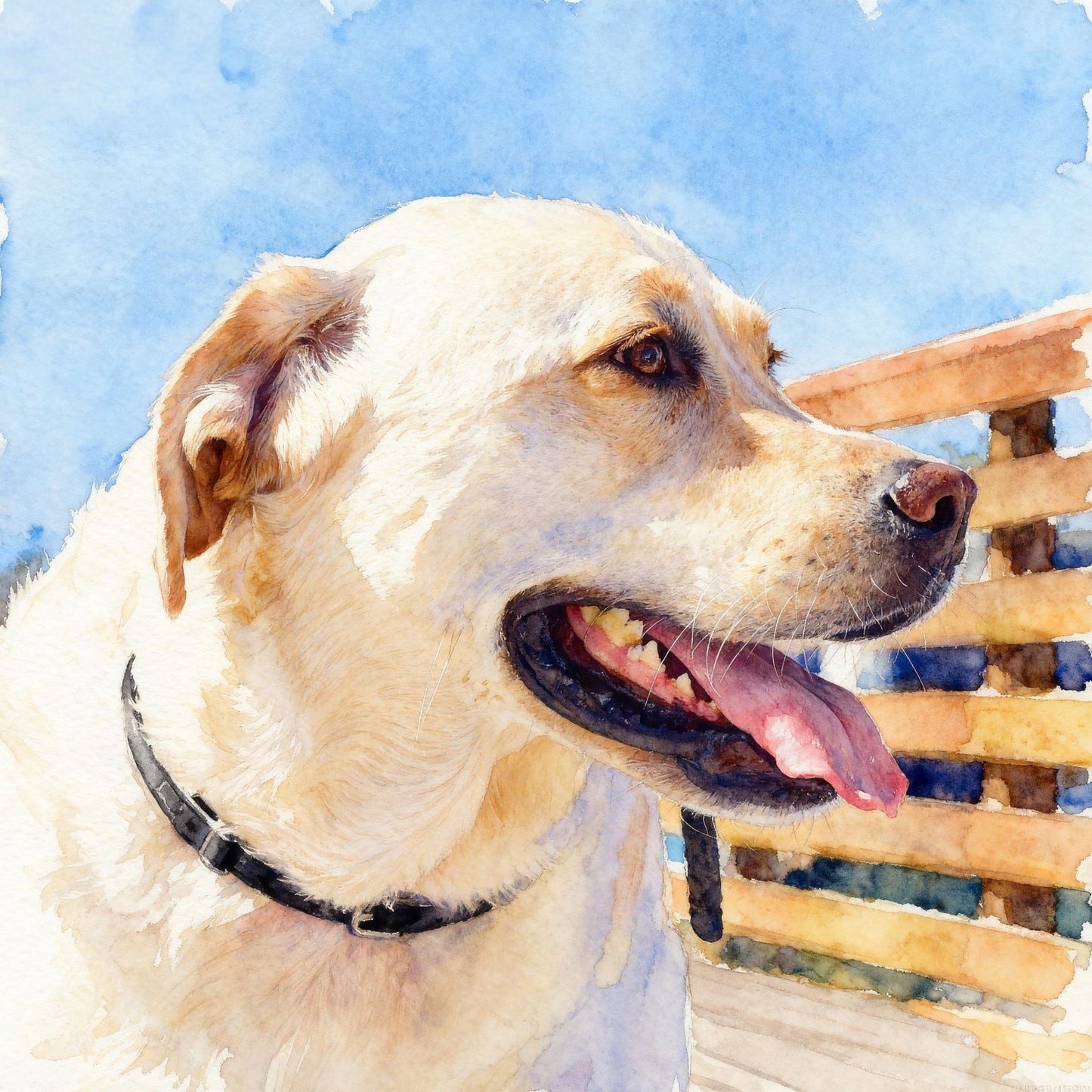 Painting of a dog with a blue watercolor background