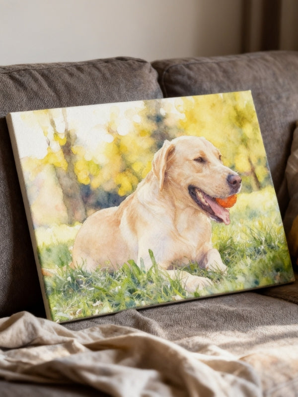 Custom watercolor Labrador dog portrait on canvas with red ball, displayed on sofa.