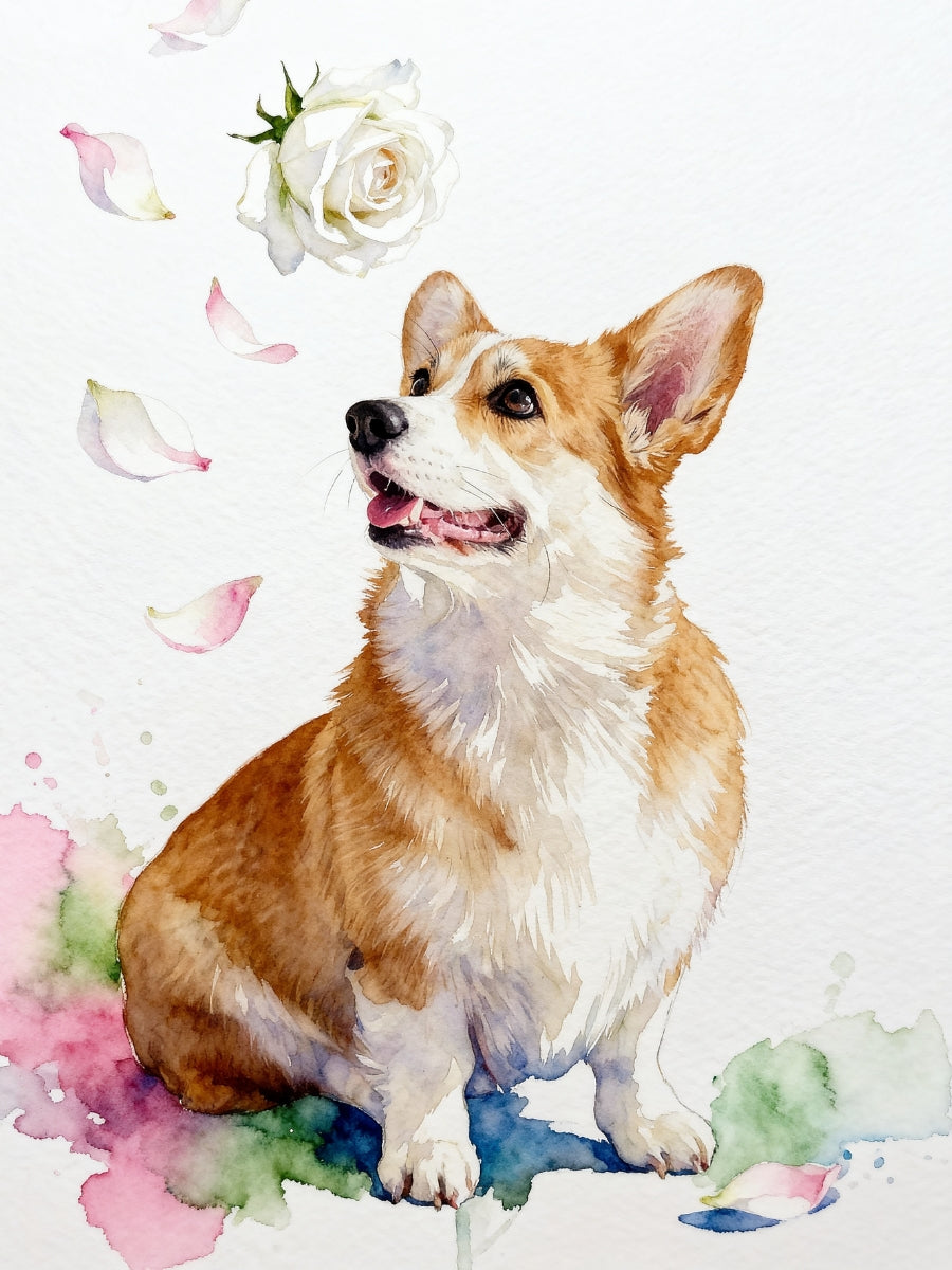 Custom watercolor pet portrait canvas featuring a dog with white roses and pastel petals in a minimalist floral design.