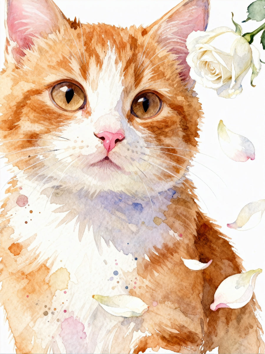 Custom watercolor pet portrait canvas featuring a cat with white roses and pastel petals in a minimalist floral design.