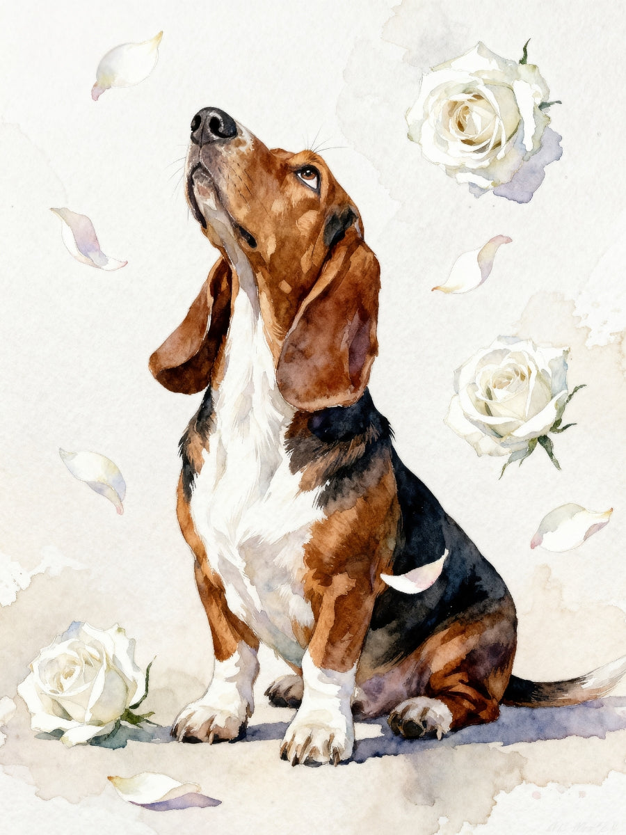 Custom watercolor pet portrait canvas featuring a dog with white roses and pastel petals in a minimalist floral design.