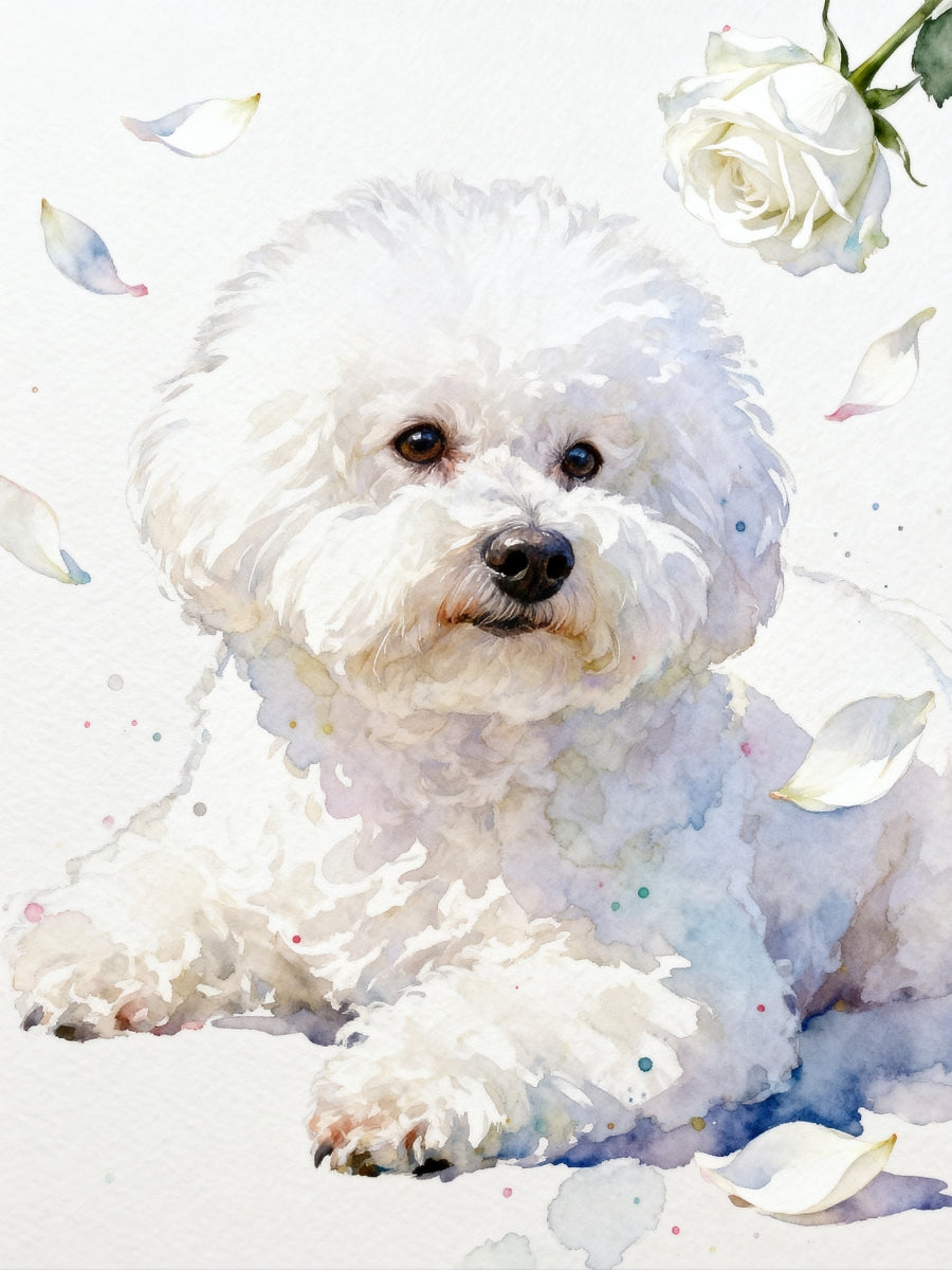 Custom watercolor pet portrait canvas featuring a dog with white roses and pastel petals in a minimalist floral design.