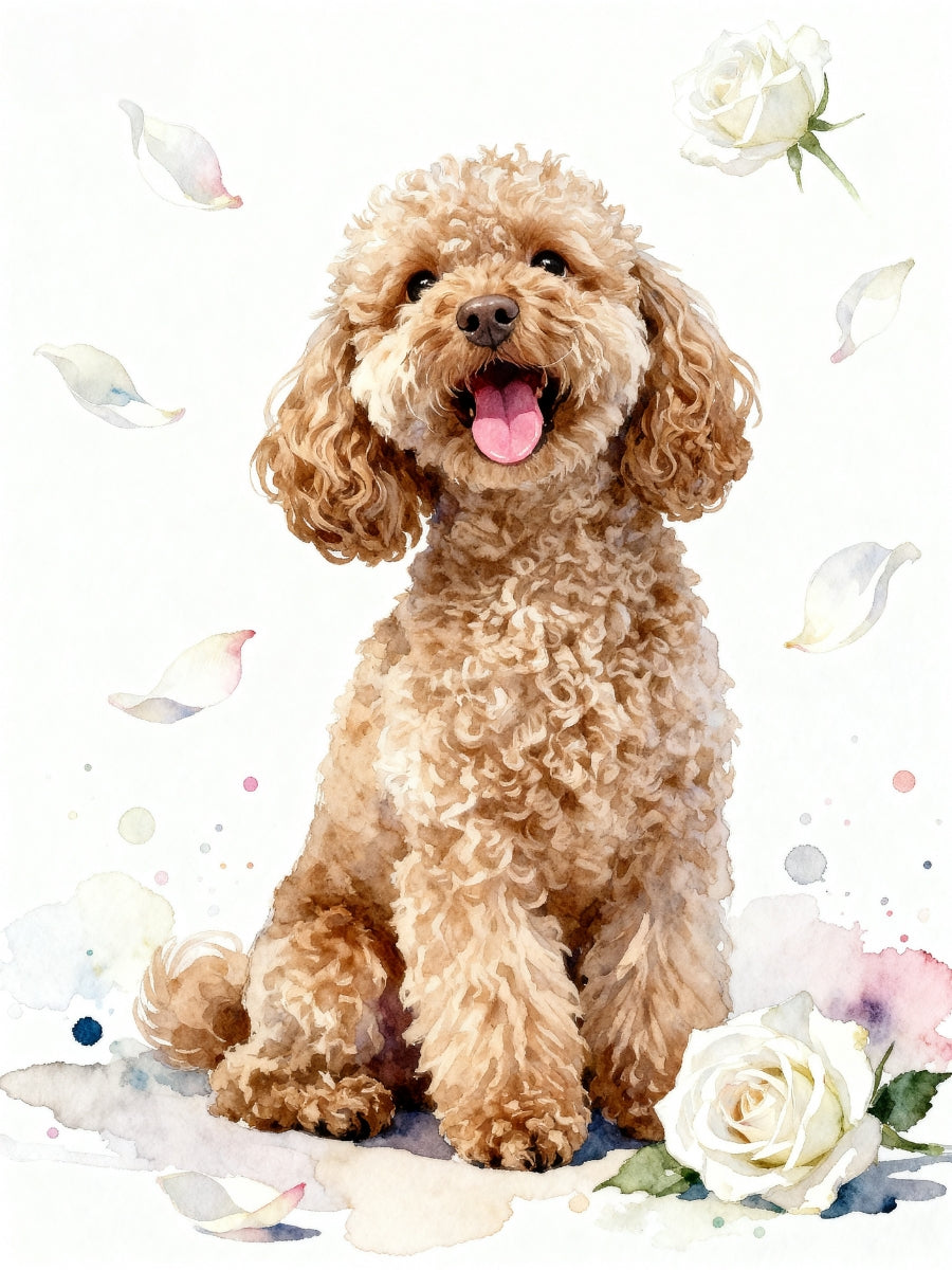 Custom watercolor pet portrait canvas featuring a dog with white roses and pastel petals in a minimalist floral design.