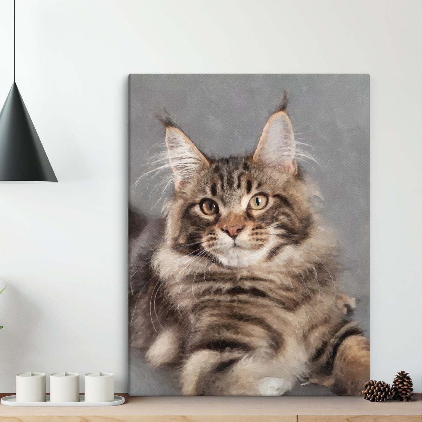 Watercolor canvas print of a Marine Coon on a gray background with a lamp and decorative items in the foreground.