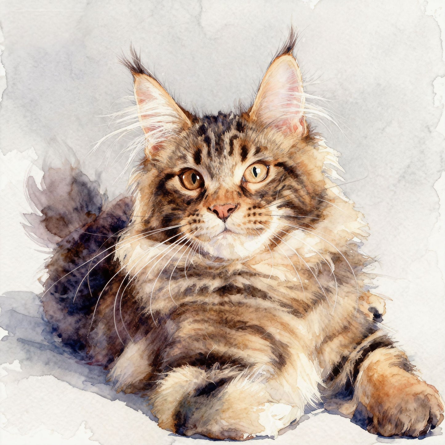 watercolor portrait of a tabby cat lying 
