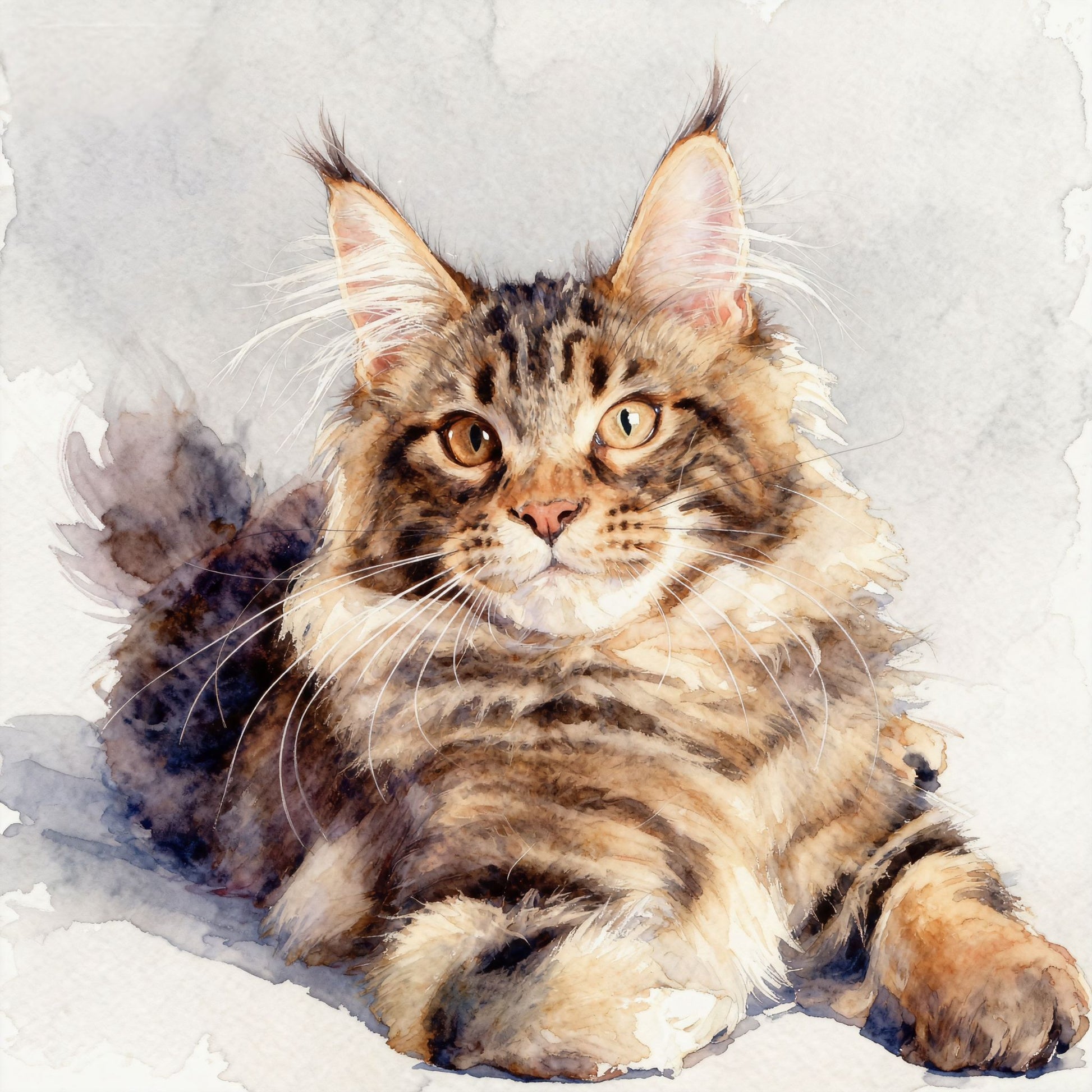 watercolor portrait of a tabby cat lying 