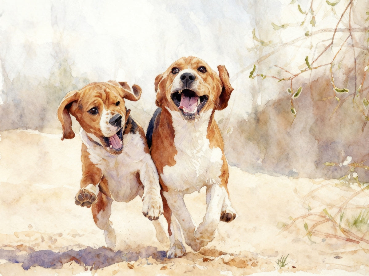 Watercolor portrait of two playful Beagle dogs running outdoors, custom pet artwork for dog lovers.