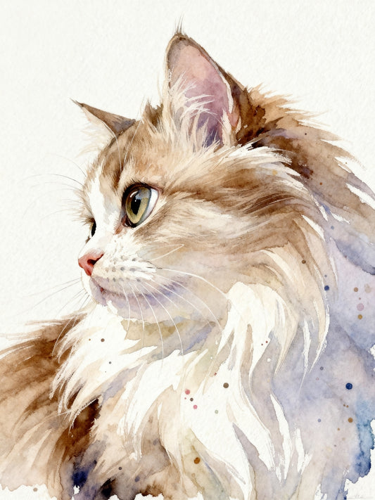 A vivid custom watercolor portrait of a ragdoll cat