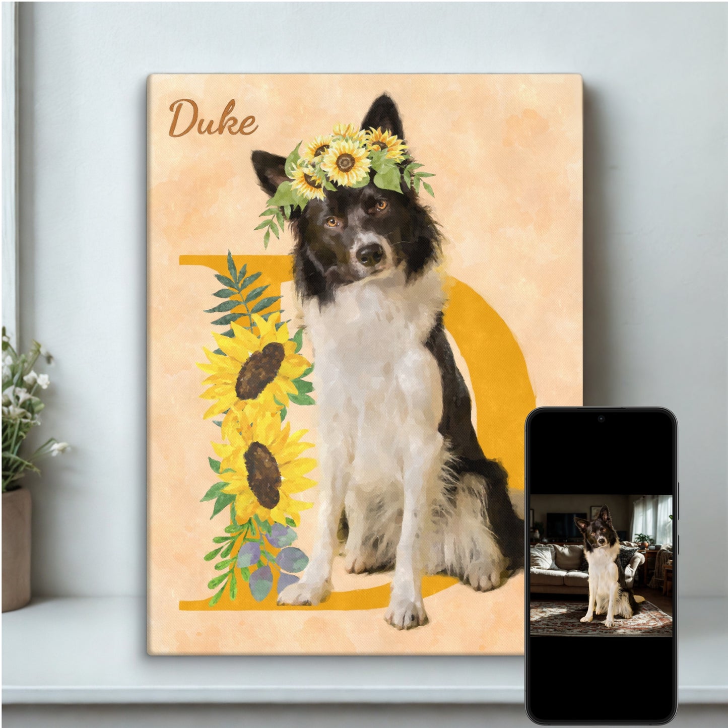 Custom watercolor dog portrait featuring a dog sitting among sunflowers on an initial 'D', displayed on a wooden table.