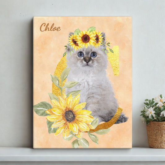 Custom watercolor cat portrait featuring a cat sitting among sunflowers on an initial 'C', displayed on a white desk.