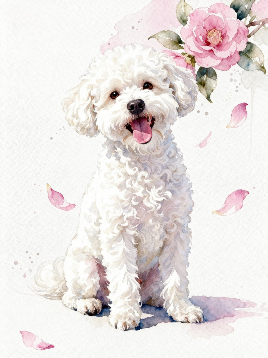 Watercolor pet portrait of a happy white dog with soft pink camellia petals, minimal background.