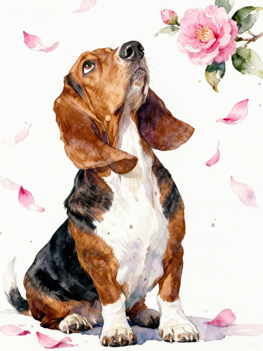 Watercolor pet portrait of a dog with soft pink camellia petals, minimal background,