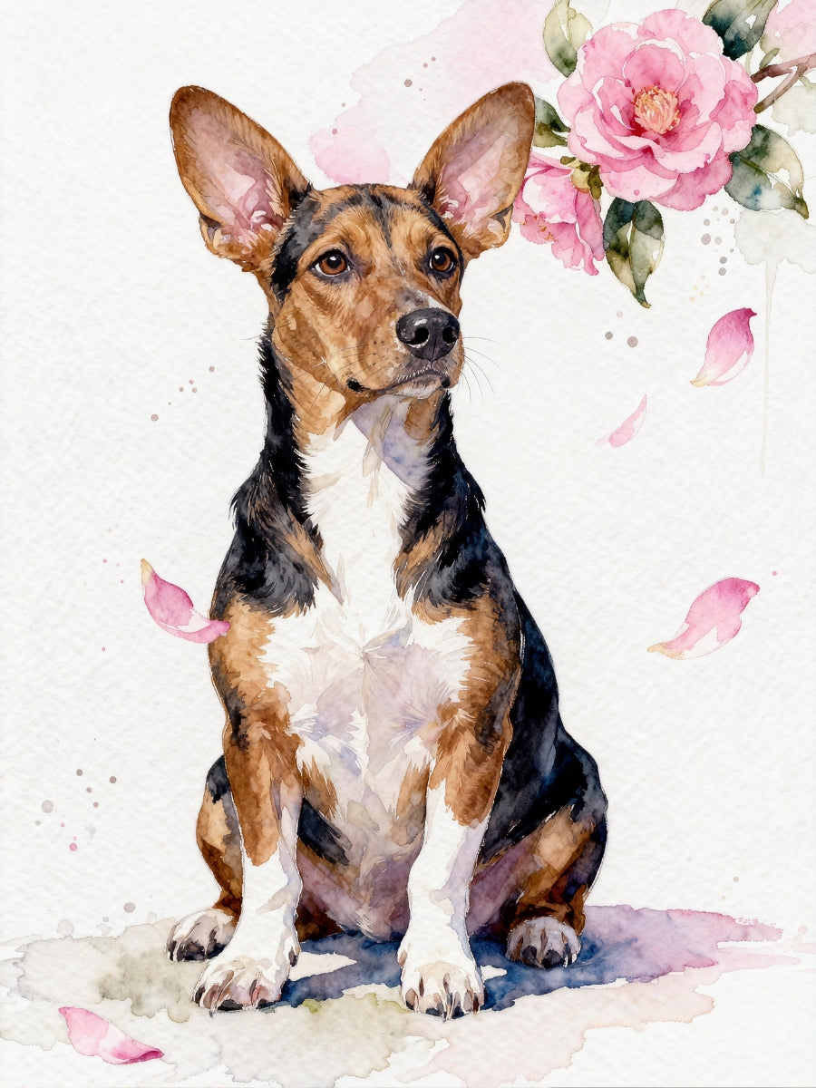 Watercolor pet portrait of a dog with soft pink camellia petals, minimal background,