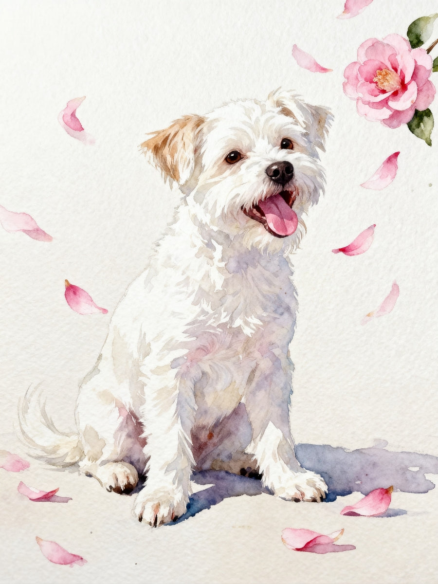 Watercolor pet portrait of a happy white dog with soft pink camellia petals, minimal background.