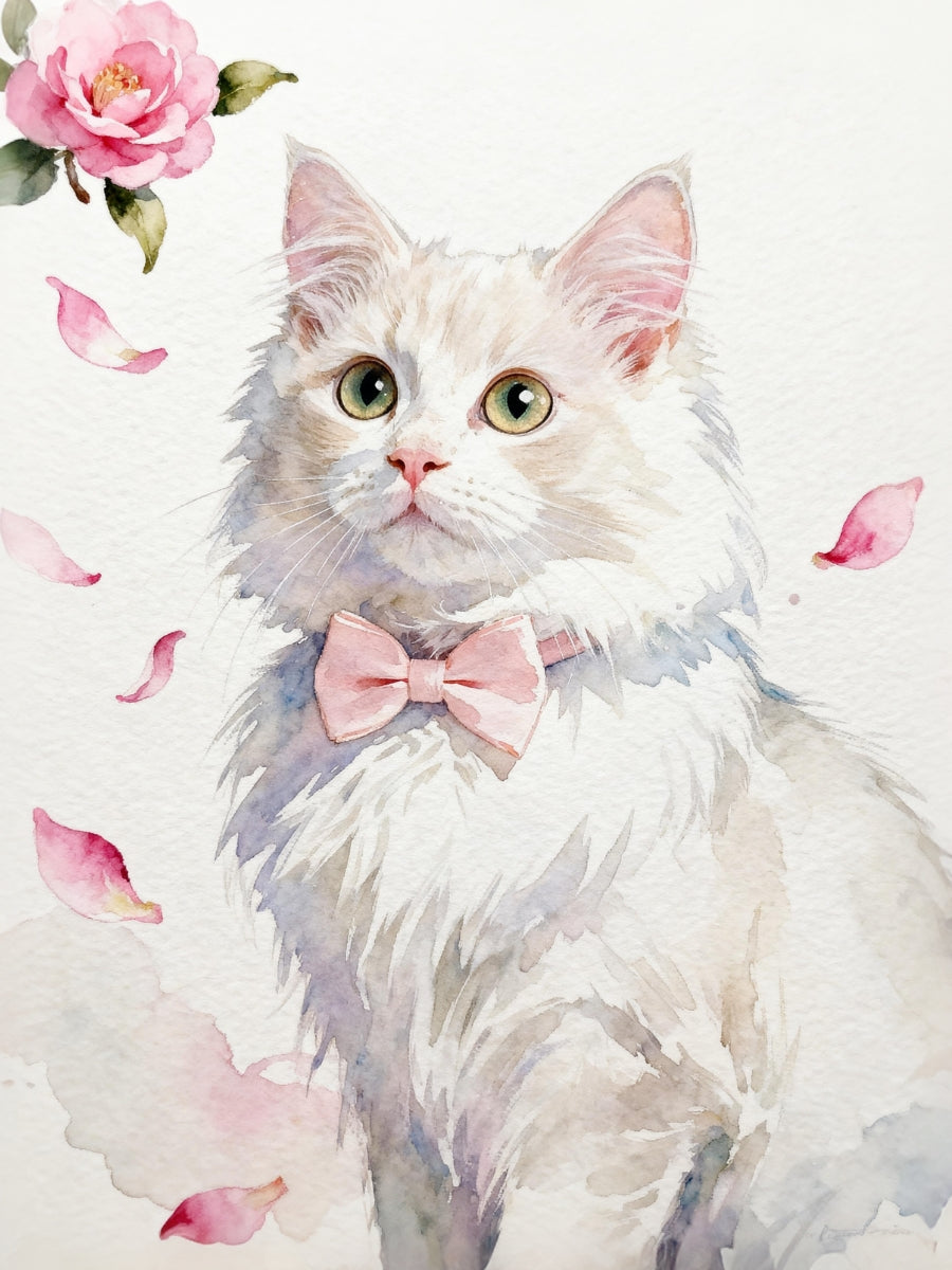 Watercolor pet portrait of a white cat with soft pink camellia petals, minimal background,