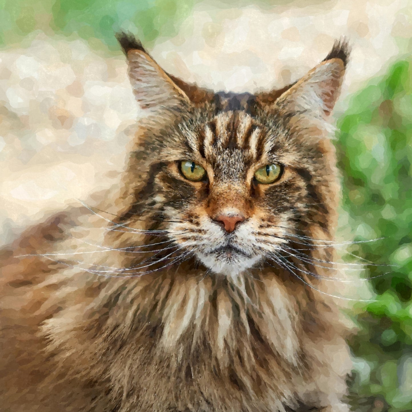 Watercolor portrait of a brown Maine Coon cat with vivid green eyes, set against a softly blurred natural background.
