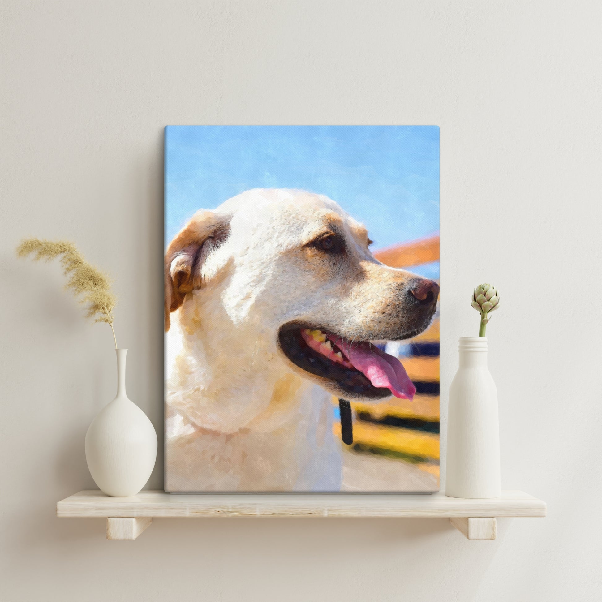 Watercolor canvas print of a dog on a shelf with decorative vases.