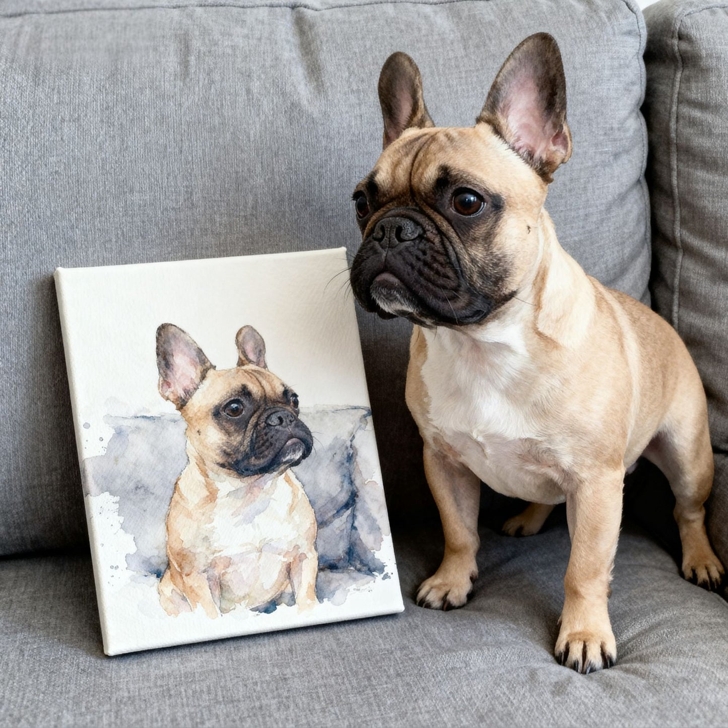Dog sitting next to a painting of itself on a gray couch