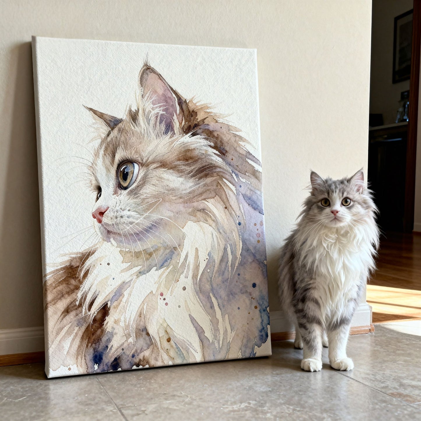 Cat standing next to a painting of a itself on a wall.