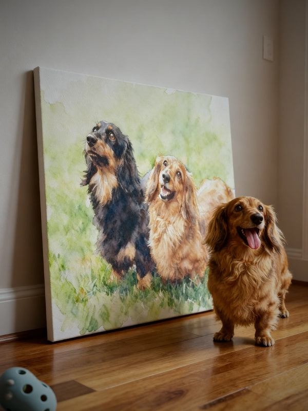 Custom watercolor dog portrait on a wall with a dachshund standing in front of it.