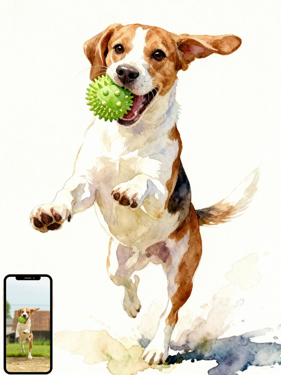 Watercolor portrait of a dog playing with a green ball on a white background
