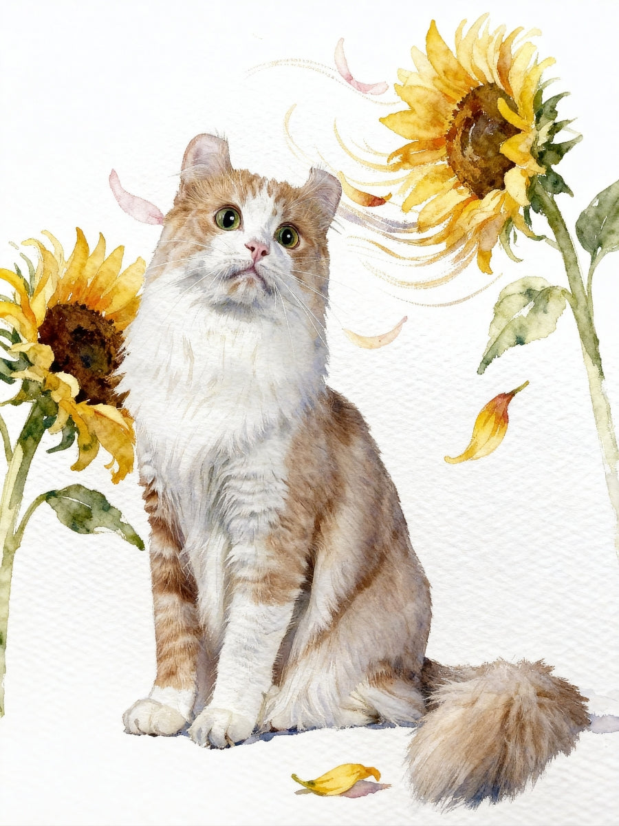 Custom watercolor sunflower pet portrait of a cat with floating pink and yellow petals, painted on white background.