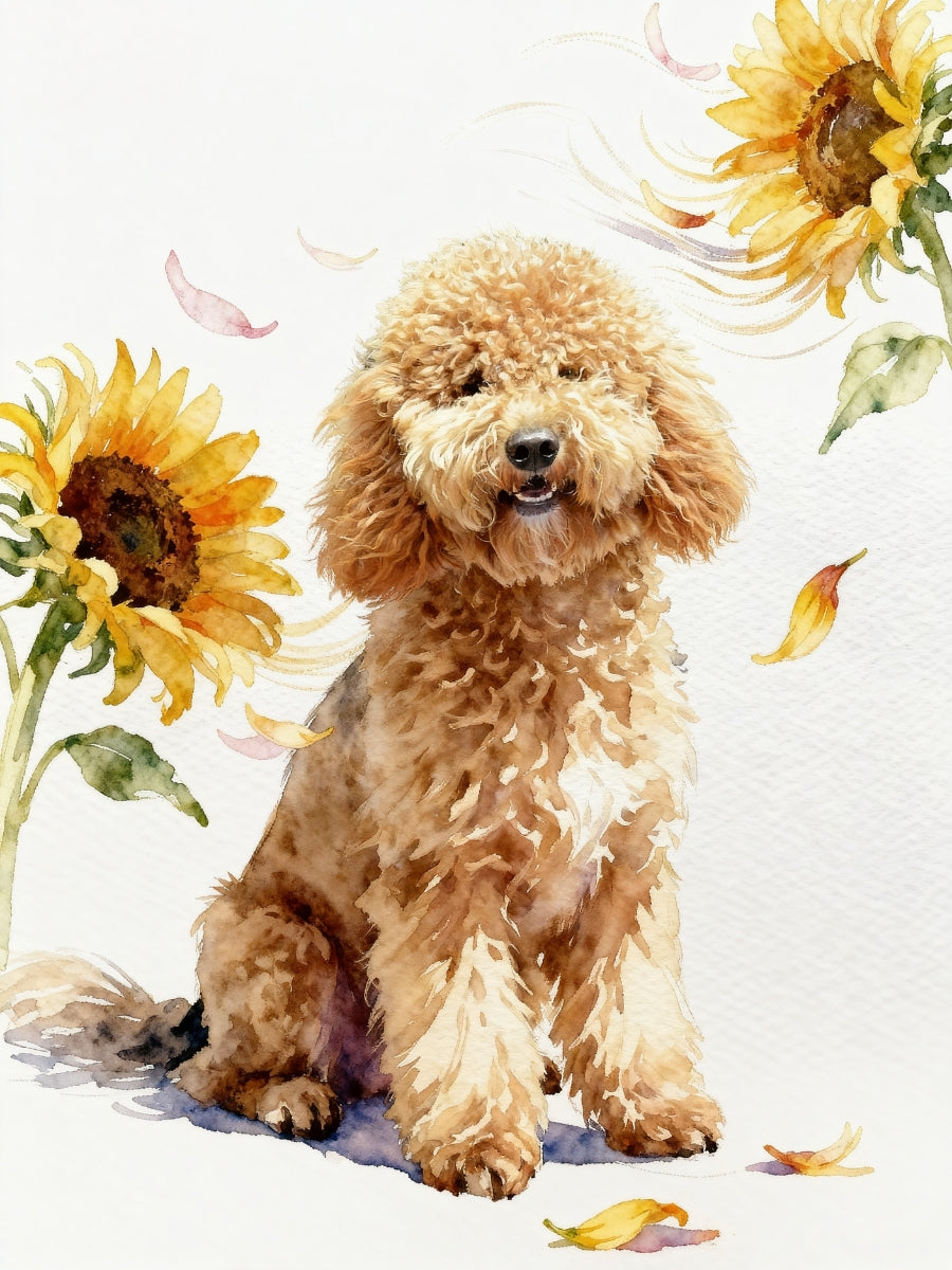 Custom watercolor sunflower pet portrait of a smiling poodle with floating pink and yellow petals, painted on white background.