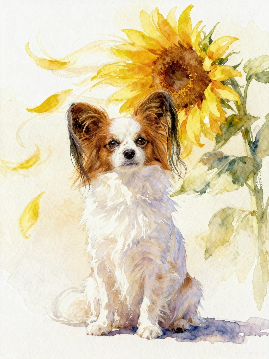 Custom watercolor sunflower pet portrait of a small dog with floating pink and yellow petals, painted on white background.