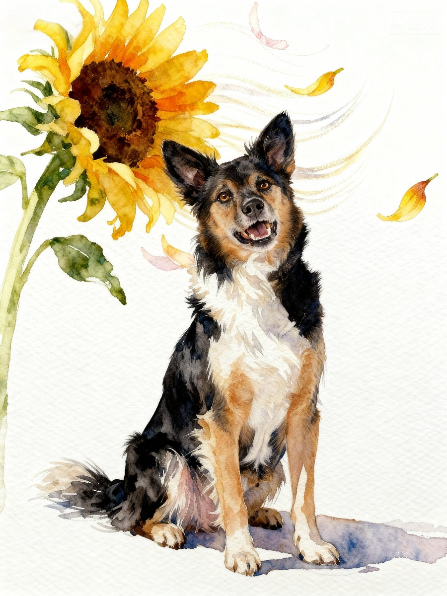 Custom watercolor sunflower pet portrait of a smiling dog with floating pink and yellow petals, painted on white background.