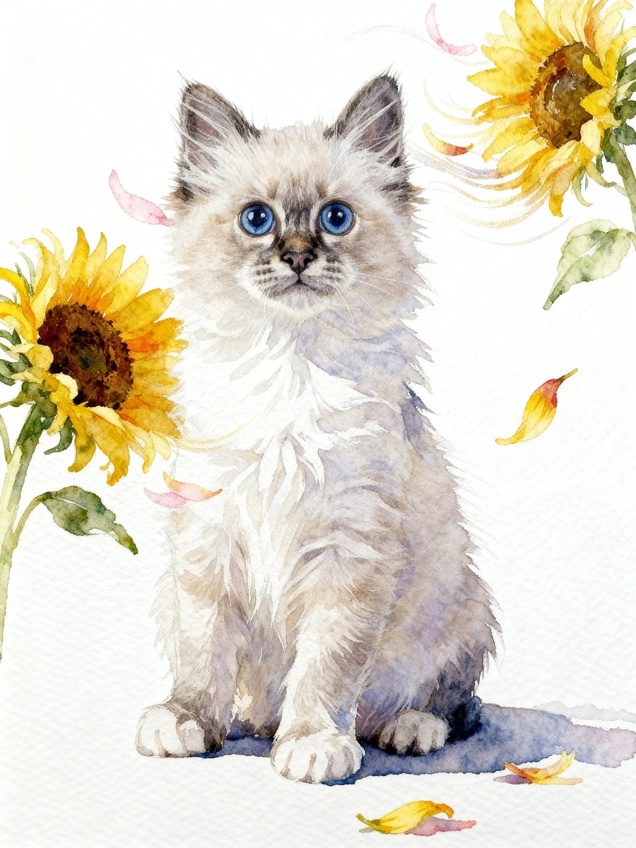 Custom watercolor sunflower pet portrait of a ragdoll cat with floating pink and yellow petals, painted on white background.