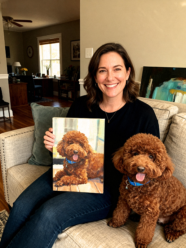 Personalized dog canvas wall art featuring curly-haired pup and owner, custom pet portrait.