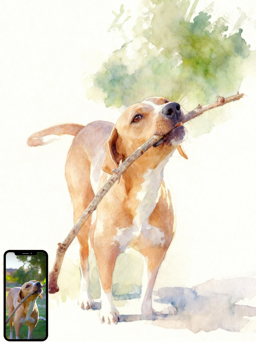 Watercolor portrait of a dog playing with a stick in a simple background, with a phone screen showing the original photo.
