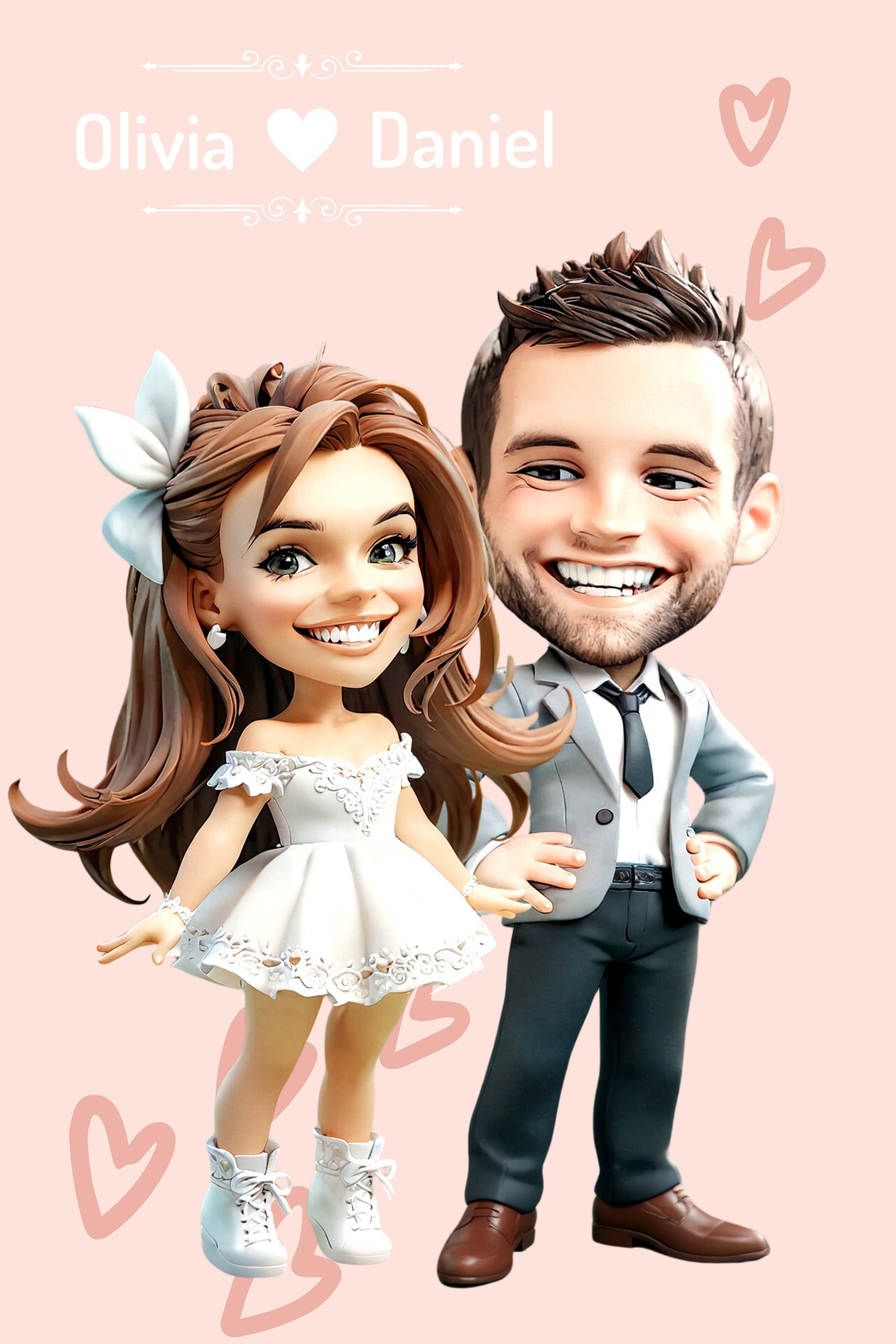 A digital custom cartoon portrait of a glamorous couple dressed in elegant attire.