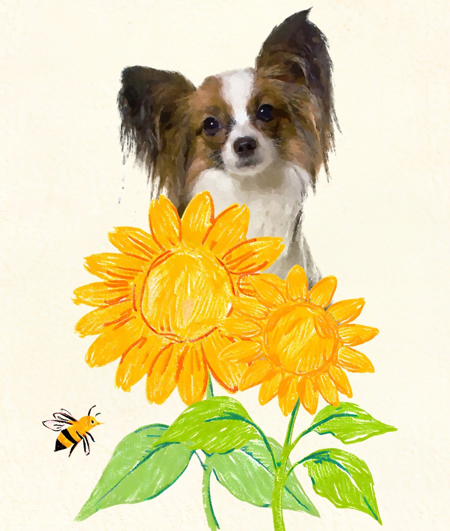 Minimalist crayon-style pet portrait of a Papillon dog surrounded by bright yellow sunflowers and a bee.