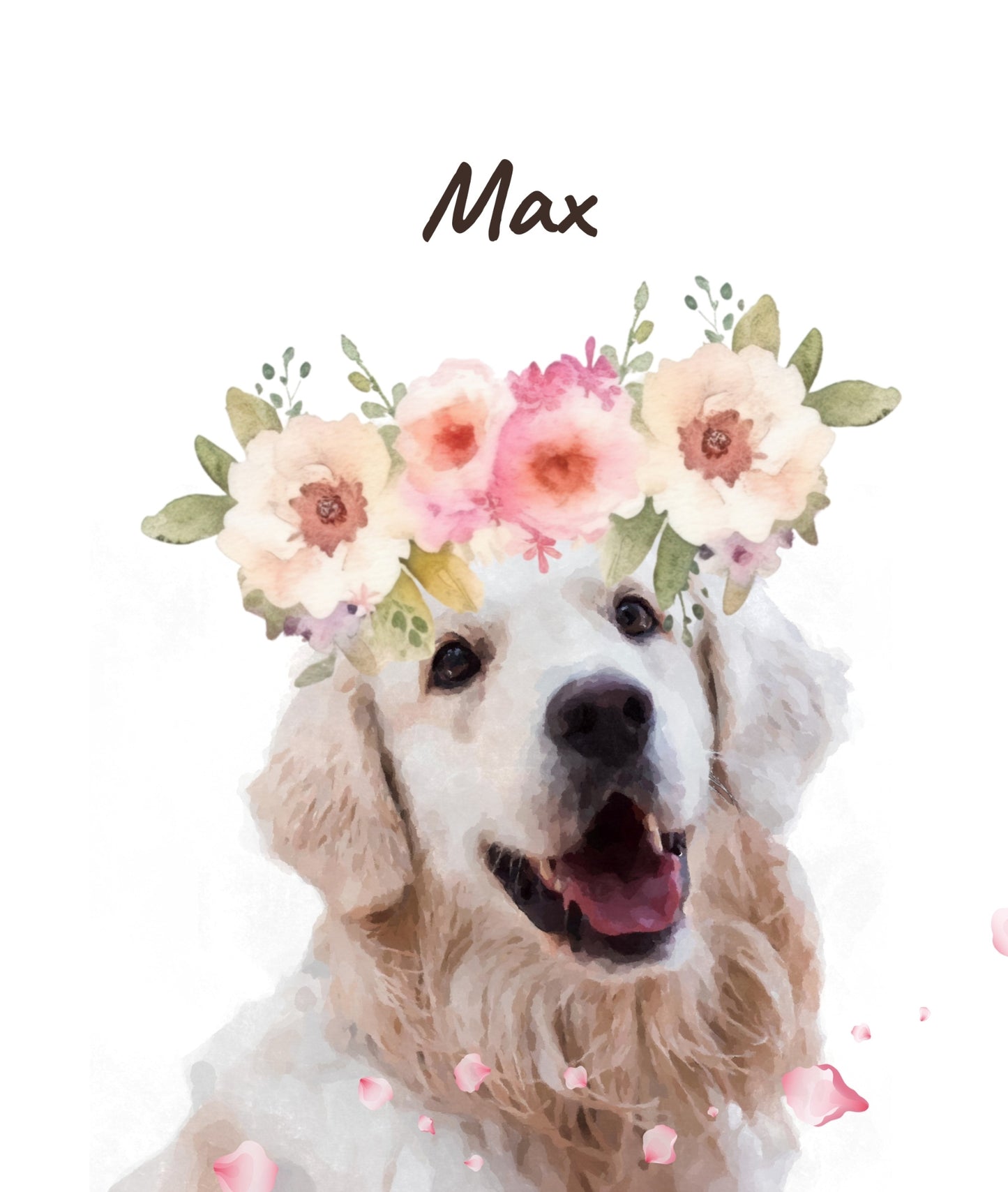 Watercolor dog portrait of Max wearing a pink flower crown, with his name below the image in cursive.