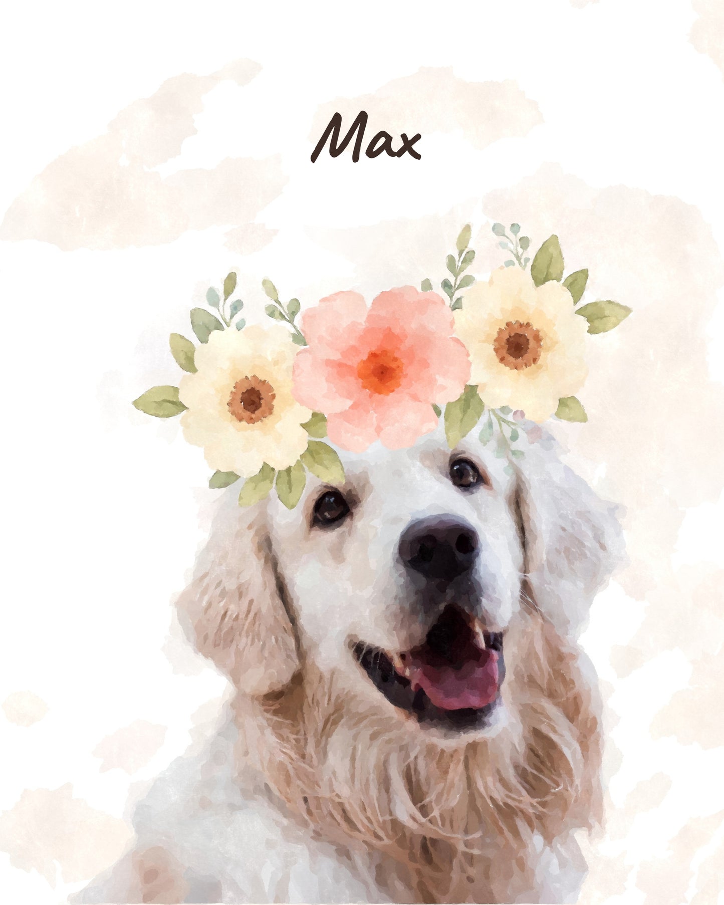 Watercolor pet portrait of a dog named Max with a pink and white flower crown, surrounded by floating petals. Her name appears in cursive on the top.