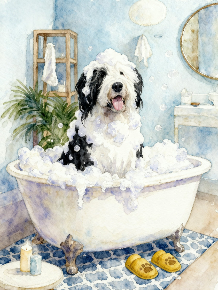 Dog bathroom portrait featuring a pet sitting in a vintage-style bathtub surrounded by bubbles and cozy bathroom decor in a whimsical watercolor scene.