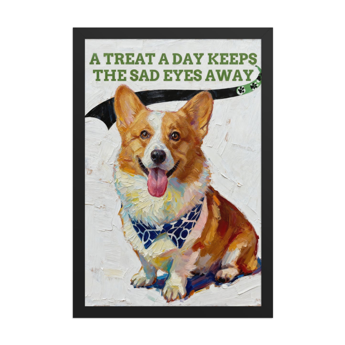 Modern pet portrait of a happy Corgi with tongue out, under a playful banner on textured background.
