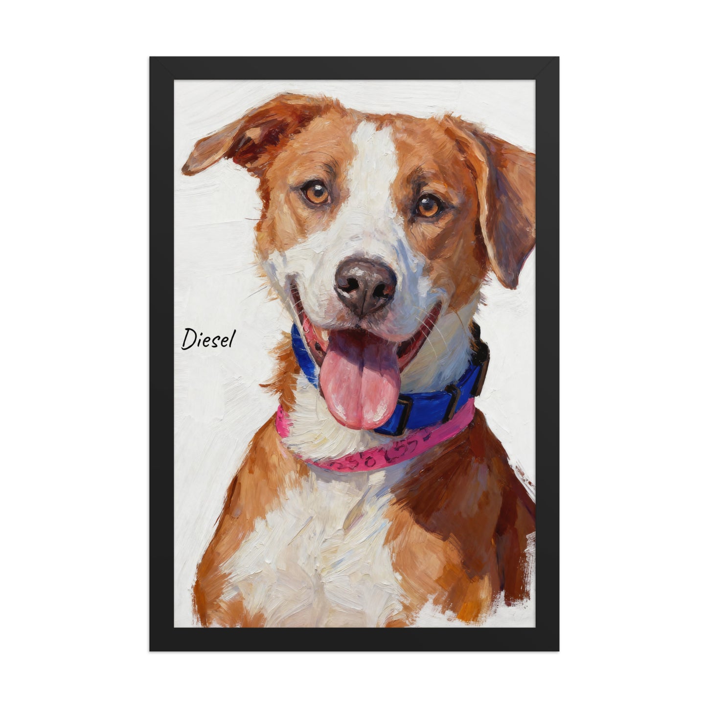 Modern pet portrait poster illustrated in minimalist oil painting style.