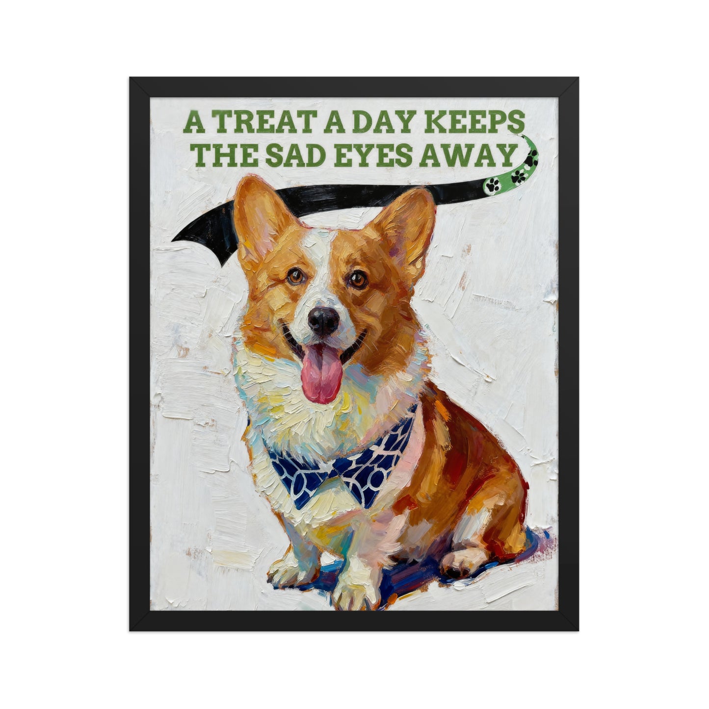 Modern pet portrait of a happy Corgi with tongue out, under a playful banner on textured background.