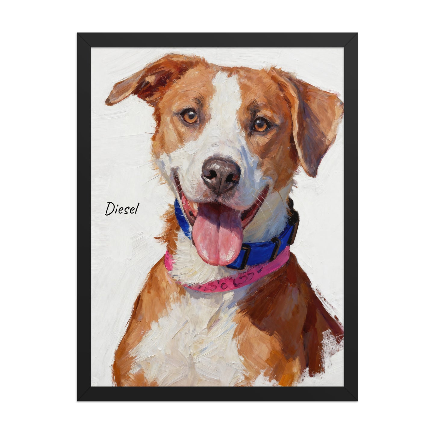 Modern pet portrait poster illustrated in minimalist oil painting style.