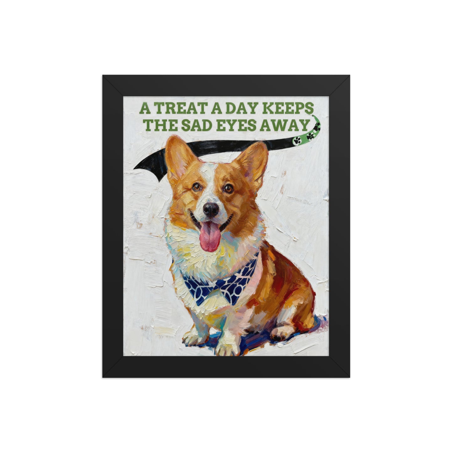 Modern pet portrait of a happy Corgi with tongue out, under a playful banner on textured background.