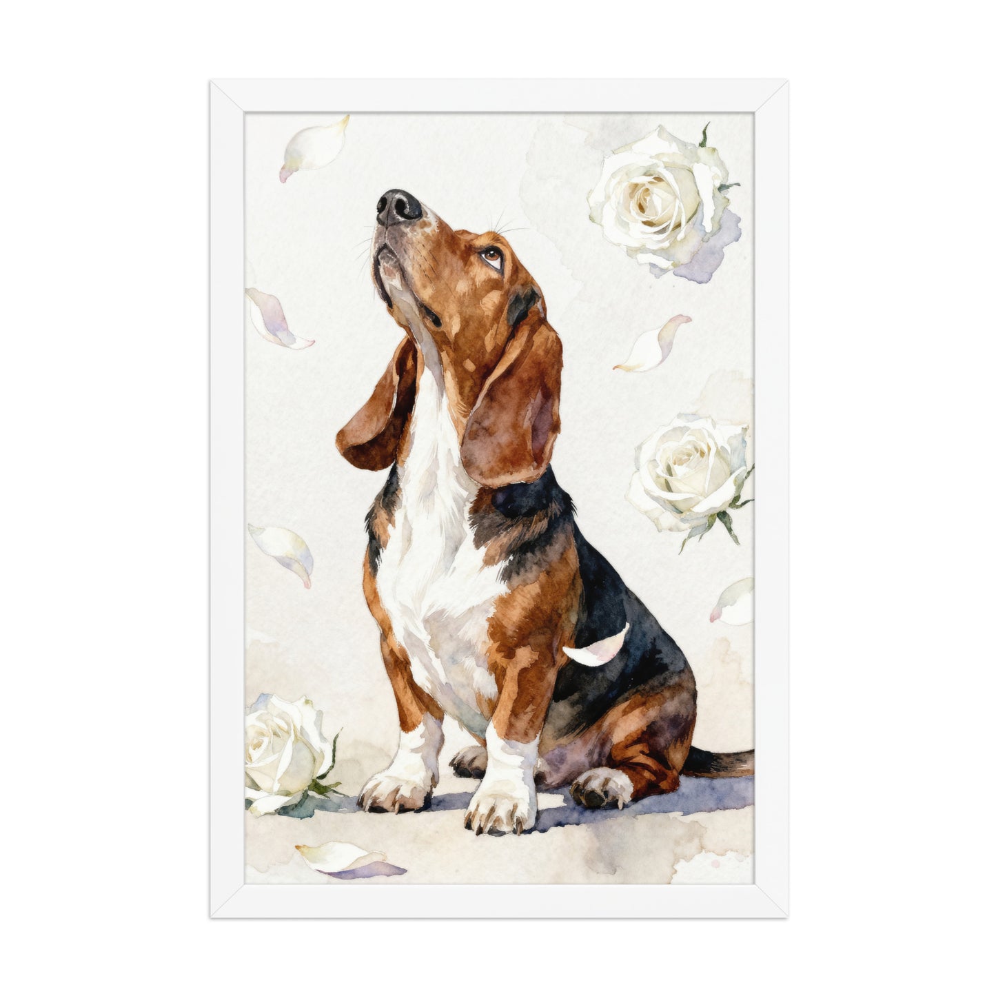 Watercolor Style Pet Portrait with White Roses – Minimalist