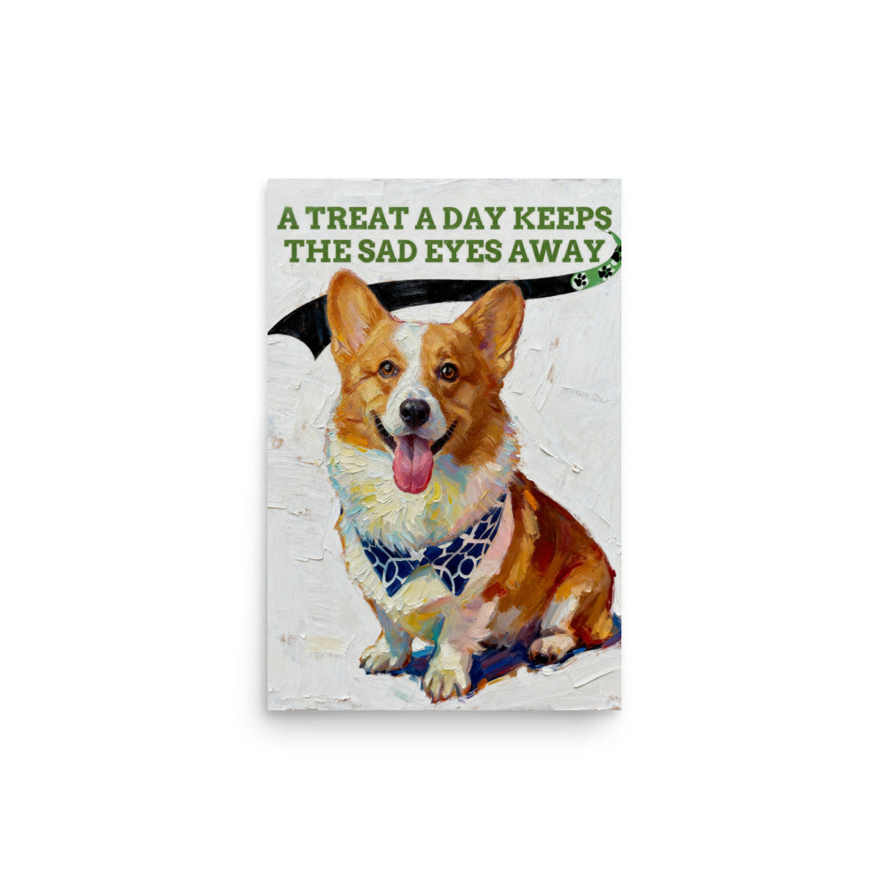 Modern pet portrait of a happy Corgi with tongue out, under a playful banner on textured background.
